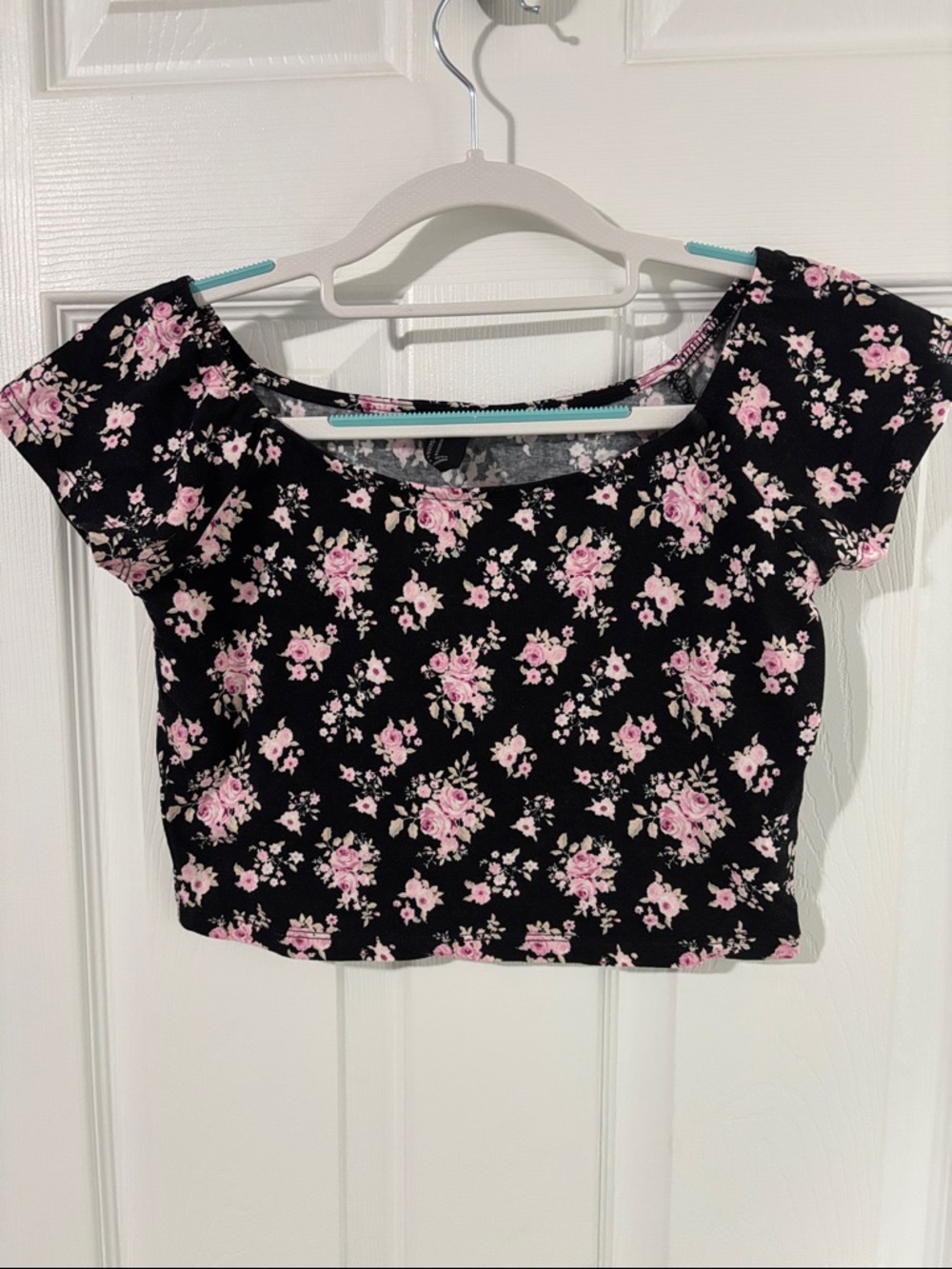Forever 21 Black Crop Top with Pink Floral Print
